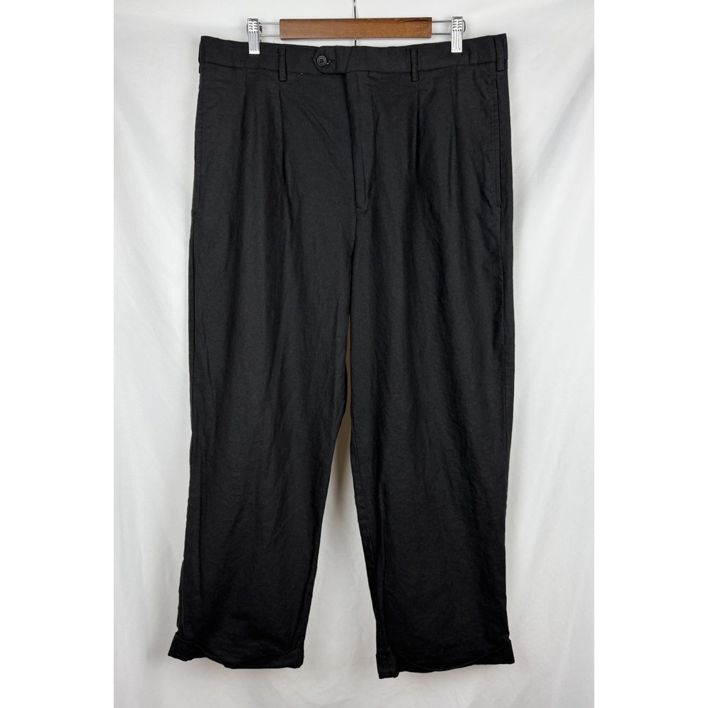 NWT Vintage TRUST Mens Linen Pleated Trousers Black Cuffed 36W 27L Tag-38x30